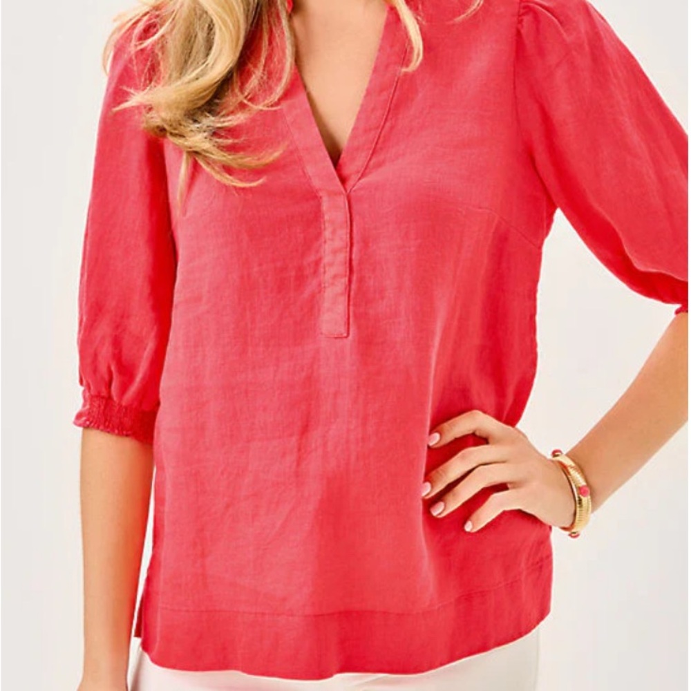 Lilly Pulitzer Coral Pink V-Neck Linen Blouse